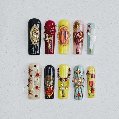 Madonna Light Press on Nails - gold &  black &  red &  yellow &  white color