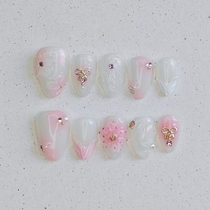 Milk Pink Bow Press on Nails - pink &  white color