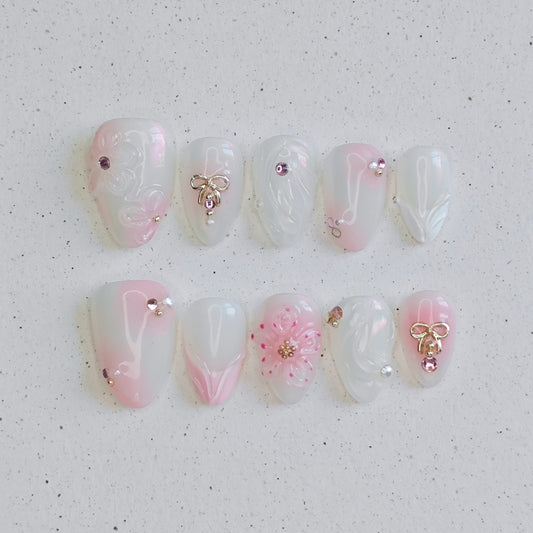Milk Pink Bow Press on Nails - pink &  white color
