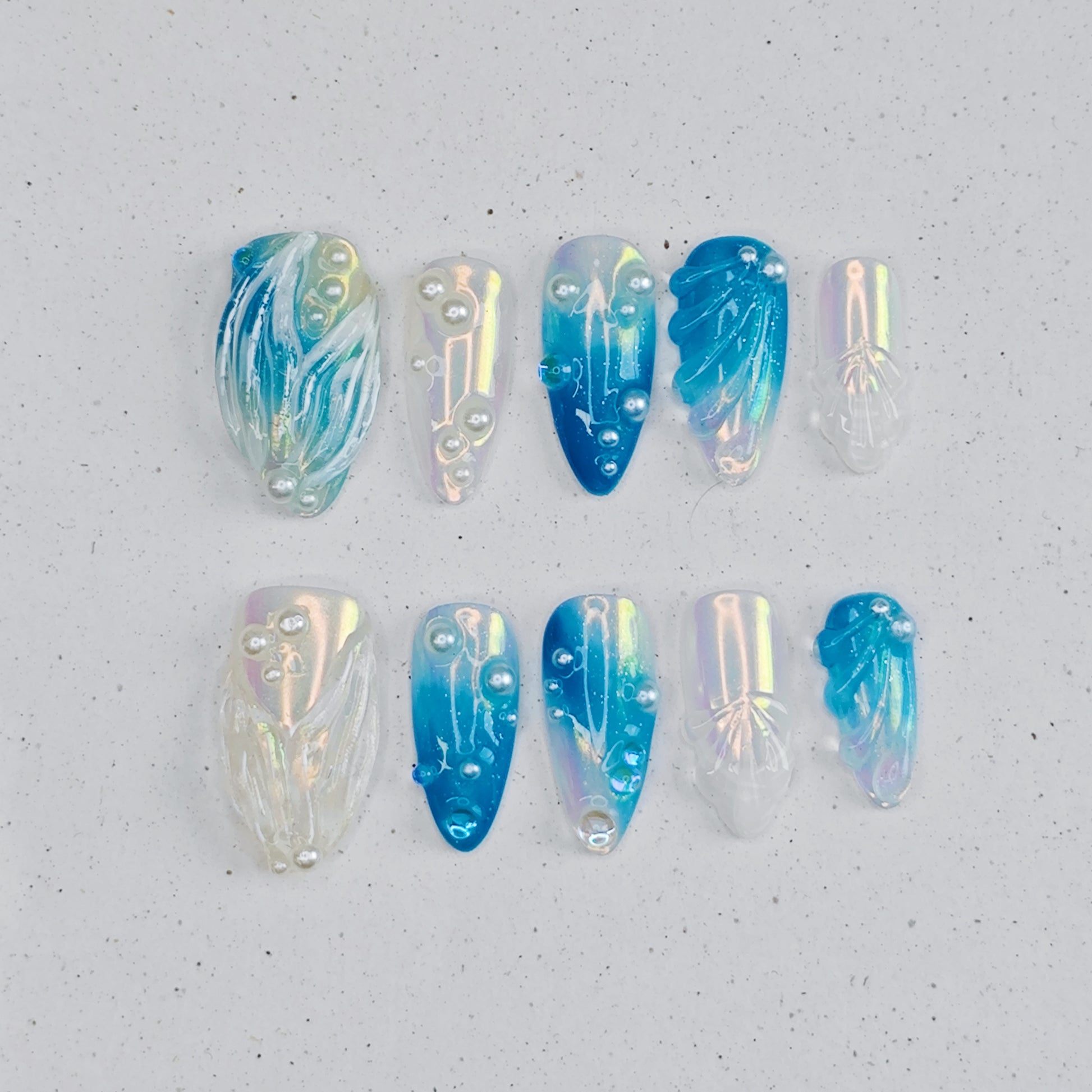 Magic Sea Light Press on Nails - blue &  white color